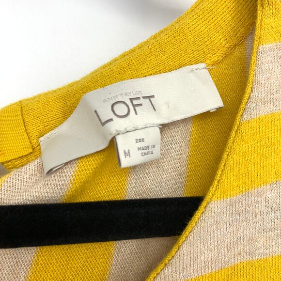 Loft 3/4 Sleeve Pullover Sweater Womens Sz M Yellow Beige Striped Tie Back Neck - Picture 6 of 7